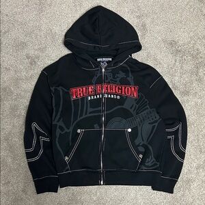 True Religion Logo White Stitch Black Zip Up Hoodie